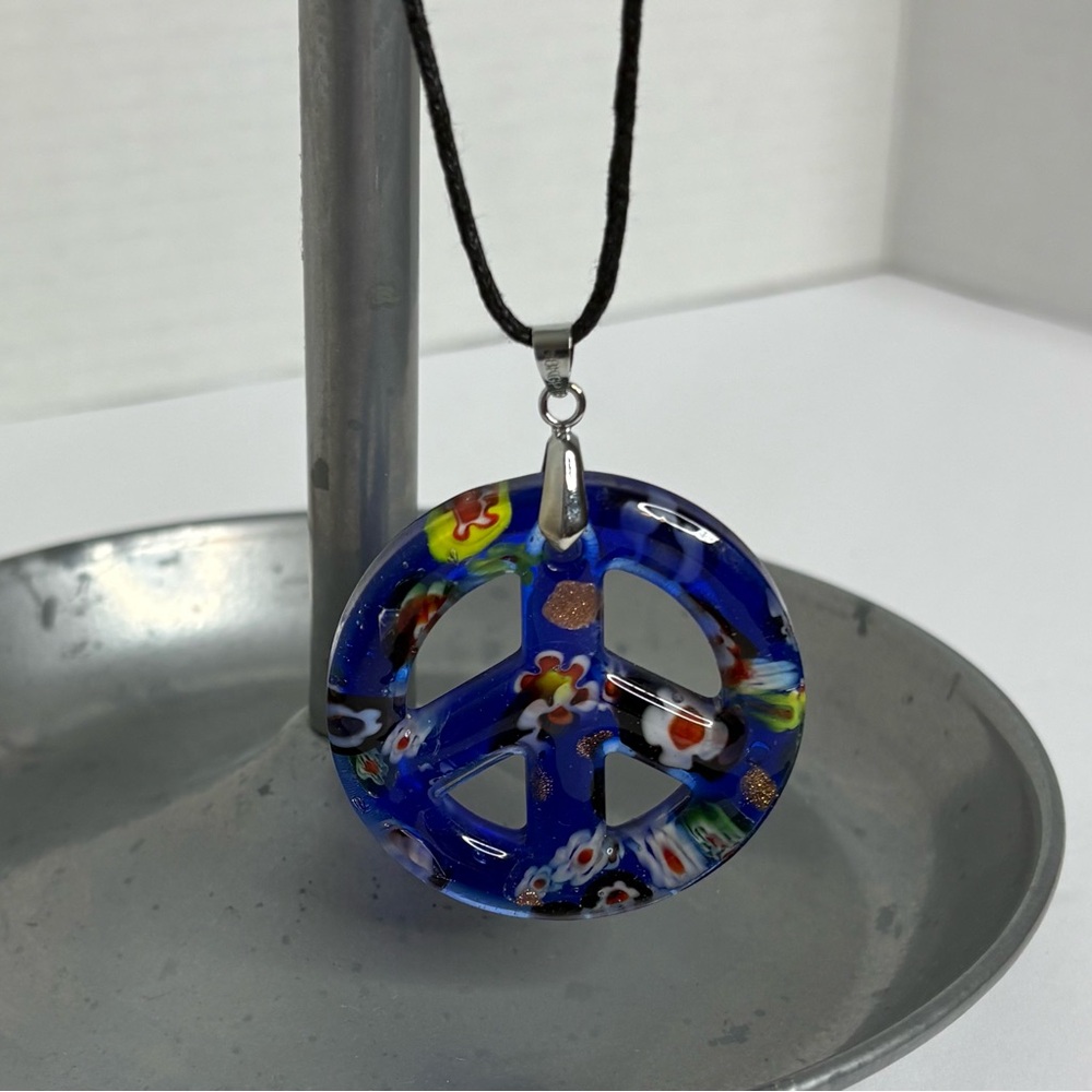 Colorful Blue Peace Sign Pendant Necklace and Earrings Glass